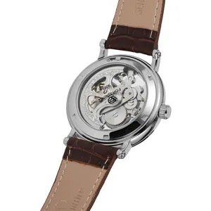 Detailed macro shot of Forsining skeleton mechanical watch back with leather strap.