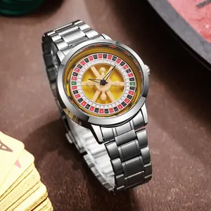 Detailed macro shot of a men's quartz watch featuring a creative rotating roulette dial.