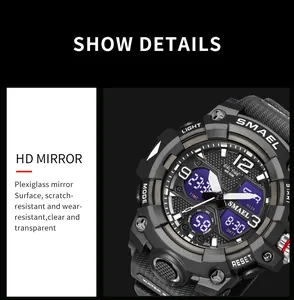 Close-up detail view of SMAEL 8008 digital sports watch with a HD plexiglass mirror