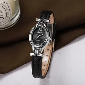 Elegant silver oval quartz watch for women with black leather strap and textured dial