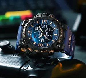 Macro shot of SMAEL waterproof sport watch showing intricate dial design on a gaming controller
