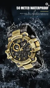 Close-up of SMAEL gold sport watch showcasing 50M waterproof feature in splashing water.