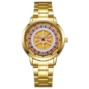 Detail shot of golden men's watch featuring unique roulette wheel dial design