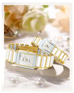 Elegant Chenxi gold and white ceramic square watches set for couples detailed product shot