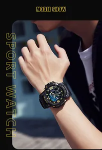 Macro view of SMAEL men's waterproof multi-functional sports watch worn by a male model