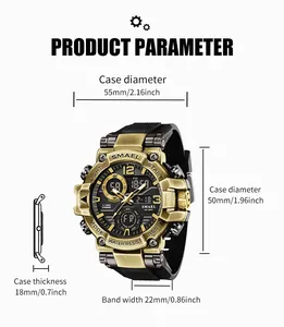 Detailed view of SMAEL men's sports watch with 55mm case diameter and parameters
