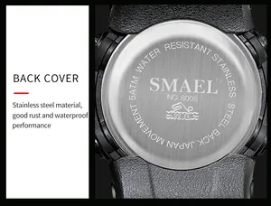 Macro detail of SMAEL 8008 watch stainless steel back cover with 5ATM logo