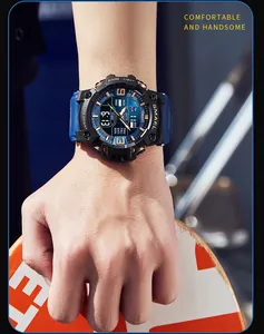 Detailed view of SMAEL sports watch on wrist with a skateboard background