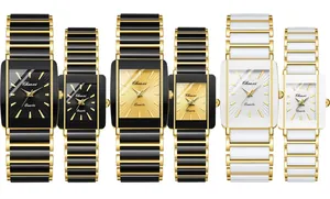 Detail view of CHENXI square couple quartz watches in black, gold, and white finish