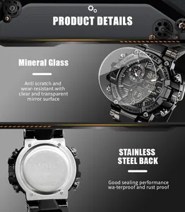 Detail view of SMAEL men's sport watch showing mineral glass and stainless steel back.