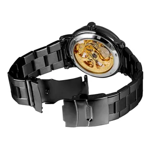 Detailed view of the gold skeleton movement and black steel strap of FORSINING watch