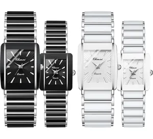 Comparison view showing black and white square ceramic quartz watches for couples