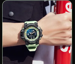 Detailed close-up of SMAEL men's waterproof sports watch with lime green strap