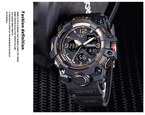 Macro view of SMAEL 8008 outdoor sports watch featuring dual digital display dial