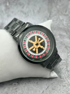 Detailed close-up showing the unique rotating roulette wheel dial on a black metal men's watch