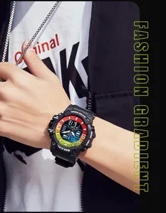 Detailed view of SMAEL men's waterproof sports watch featuring a rainbow gradient dial