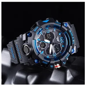 Macro view of SMAEL 8008 digital sports watch with blue highlights