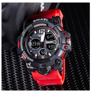 Macro close-up view of the SMAEL 8008 red and black rugged electronic sports watch.