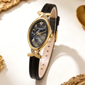 Elegant gold-toned oval quartz wrist watch with black leather strap and crystal accents