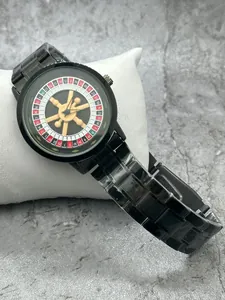 Close-up macro detail of men's watch with unique rotating roulette wheel turntable dial