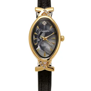 Elegant women's oval quartz watch with gold case, black leather strap and marbled dial