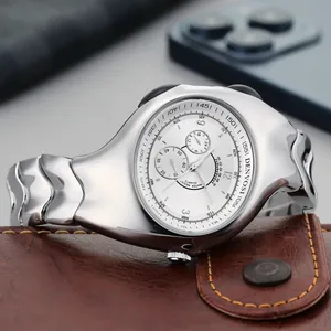 Futuristic silver liquid metal distorted wristwatch with white sub-dials and leather pouch