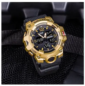 Close-up of SMAEL 8008 outdoor sports watch featuring gold case and dual digital display