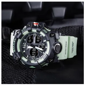 Macro view of SMAEL 8008 sports watch showing rugged mint green and black design