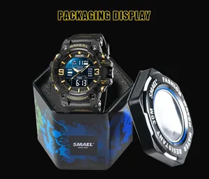 Professional display of SMAEL men's sports watch with its original iron gift box