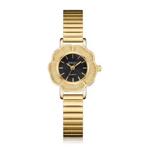 Montre vintage dorée pour femme en forme de fleur avec cadran noir et bracelet