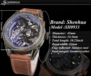 Gros plan et spécifications techniques de la montre mécanique squelette pour homme