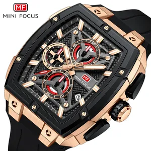 Reloj esqueleto de lujo MINI FOCUS para hombre con caja tonneau de oro rosa y correa de silicona