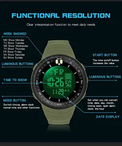 Schéma fonctionnel détaillé d'une montre de sport numérique verte et de ses boutons.