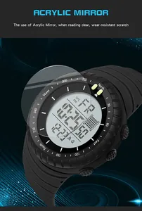 Vue détaillée d'une montre de sport numérique noire multifonction en acrylique