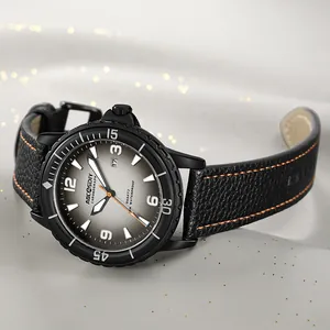 Gedetailleerd zicht op AOCASDIY herenhorloge quartz met zwarte lederen band en kalender