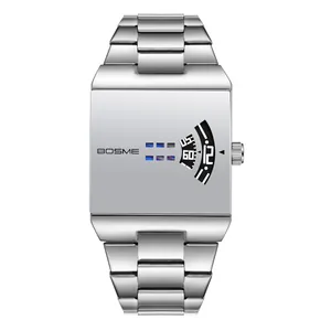 Montre à quartz carrée BOSME en acier inoxydable argenté avec cadran rotatif unique