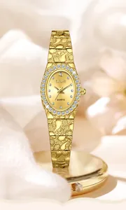 Elegante reloj de cuarzo dorado para mujer con bisel brillante engastado con diamantes