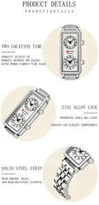 Détails d'une montre à quartz à double fuseau horaire avec boîtier rectangulaire en argent.