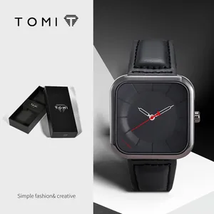 Reloj de cuarzo cuadrado TOMI minimalista con correa de cuero negro y caja