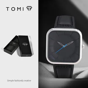 Elegante reloj de cuarzo cuadrado TOMI con correa de cuero negro y caja de regalo de marca