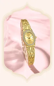 Detalle del reloj Labaoli dorado para mujer con esfera ovalada y incrustaciones