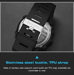 Détail de la montre SANDA avec boucle en acier inoxydable et bracelet en TPU noir respirant