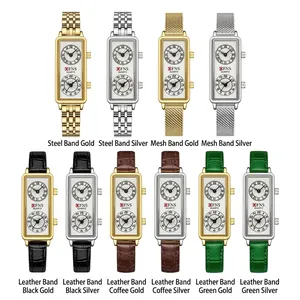 Montre à quartz rectangulaire élégante à double cadran pour femme avec bracelet cuir