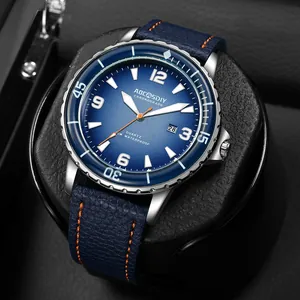Heren sport quartz horloge met blauwe leren band en lichtgevende datumwijzerplaat