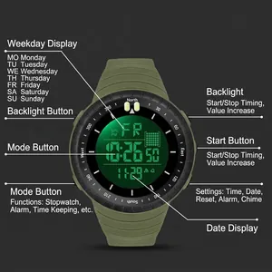 Montre numérique militaire robuste étanche avec rétroéclairage LED vert et bracelet