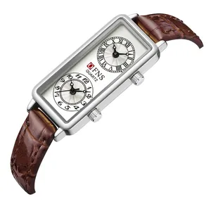 Montre à quartz rectangulaire pour femme avec deux cadrans et bracelet en cuir brun
