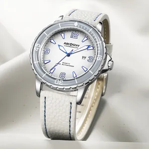 AOCASDIY heren casual sport quartz horloge met witte leren band en blauwe stiksels