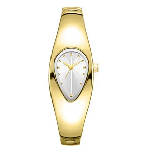 Vintage Goldene Y2K Armreif Uhr in Tropfenform mit minimalistischem weißem Zifferblatt