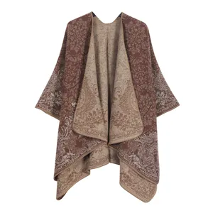 Elegante vintage gebreide poncho sjaal met bloemen jacquard in bruin en beige tinten