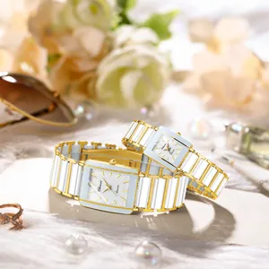 Elegant square couple watches featuring white ceramic and gold-tone stainless steel links
